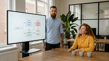 Collega's analyseren NestJS modulestructuur op architectuurdiagram in Zwolle kantoor