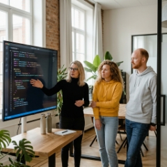 NestJS development team bespreekt API-architectuur op groot scherm in Zwolle kantoor