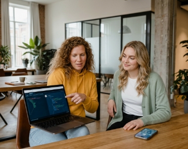 Twee developers reviewen samen NestJS GraphQL API-respons op laptop in Zwolle kantoor