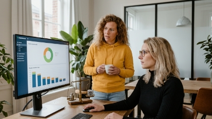 Team bekijkt Laravel wachtrijmonitoring op laptop bij versnelling van webapplicatie-ontwikkeling