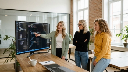 Collega's analyseren Laravel architectuurdiagram op scherm tijdens code-herstructurering in Zwolle