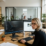 Developer bouwt Next.js op dubbel scherm met code-editor en JSON-respons in Zwolle kantoor