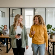 Collega's bespreken Node.js project tijdens loopgesprek in gang van Zwolle kantoor