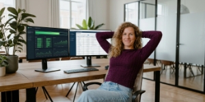 Developer rondt domein- en hostingoverdracht af, server-dashboard met groene statussen op dubbel scherm