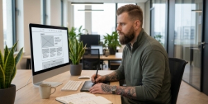 Designer werkt aan wireframe voor nieuwe website na overstap van webbureau, schetsen op scherm