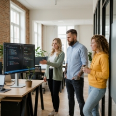 Python development team bespreekt Django en FastAPI code op groot scherm in Zwolle kantoor