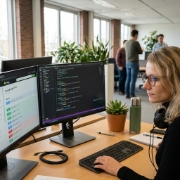 Developer bouwt Python REST API met FastAPI en Swagger-documentatie op dubbel scherm in Zwolle