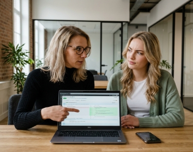 Twee developers reviewen samen React componentcode op laptop in Zwolle kantoor