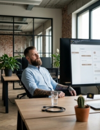 Developer bekijkt gerenderde React applicatie op scherm in licht Zwolle kantoor