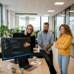 React development team bespreekt componentcode op groot scherm in Zwolle kantoor