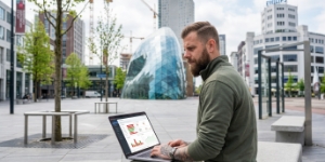 SEO-specialist voert site-audit uit op laptop met Eindhovense skyline en hoogbouw op achtergrond