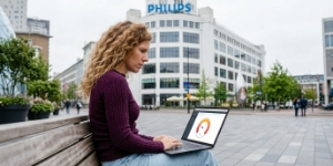 SEO-specialist bekijkt performance-analyse op laptop bij de Lichttoren in Eindhoven