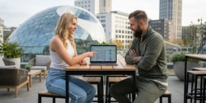 Team van SEO bureau Eindhoven bespreekt keyword-strategie op terras bij de Blob en Lichttoren