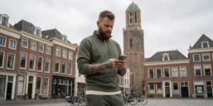SEO specialist bekijkt zoekresultaten op telefoon met Peperbus toren Zwolle op achtergrond