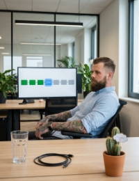 Developer wacht op serverless deploy-resultaat bij pipeline op scherm in Zwolle kantoor