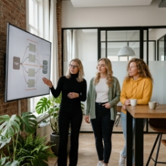 Serverless development team bespreekt event-driven architectuur op groot scherm in Zwolle kantoor