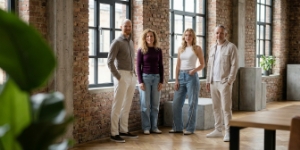 Four Studio Ubique colleagues standing in the Zwolle industrial office, team portrait reflecting shared values