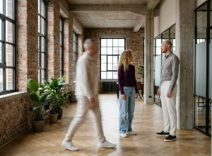Three colleagues in an industrial office corridor, one walking past with strong motion blur