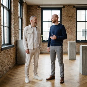 Two colleagues in a standing conversation in the Zwolle industrial office, casual professional setting