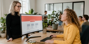 Collega's reviewen actiegerichte UI-hiërarchie met contrast en sizing op scherm in Zwolle kantoor