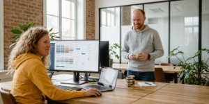 Collega's bekijken herbruikbare UI componentbibliotheek op scherm voor flexibel ontwerp in Zwolle