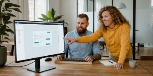 UI design team reviewt pixelprecies raster met typografie-uitlijning op scherm in Zwolle kantoor