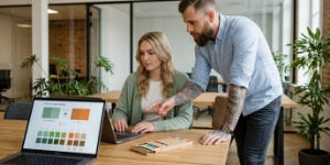 UI design team controleert toegankelijk kleurpalet op WCAG-contrast op laptop in Zwolle kantoor