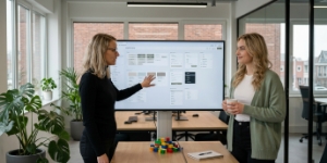 Collega's bekijken herbruikbare UX componentbibliotheek op scherm voor schaalbaar ontwerp in Zwolle