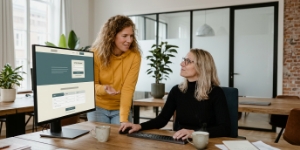 Collega's reviewen conversiegericht UX-ontwerp met actiehiërarchie op scherm in Zwolle kantoor
