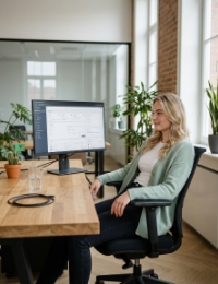 Developer bekijkt gerenderde Vue.js applicatie in browser op scherm in licht Zwolle kantoor