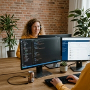 Developer bouwt Vue.js applicatie met Next SSR op dubbel scherm in Zwolle kantoor