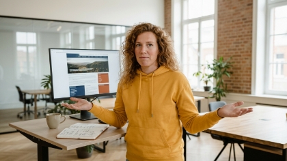 Ondernemer in Eindhoven bekijkt verouderde bedrijfswebsite op scherm, bedrijf gegroeid maar site achtergebleven