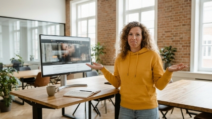 Ondernemer bekijkt verouderde website op scherm, bedrijf gegroeid maar site achtergebleven