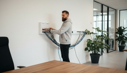 Engineer legt kabels netjes in wandpaneel als metafoor voor maatwerk koppelingen bouwen, IT staff augmentation Zwolle