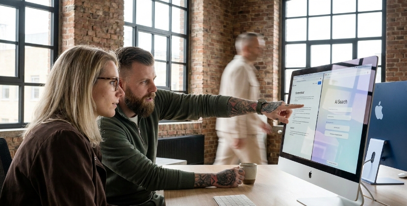 Two team members at a Zwolle workstation reviewing a content brief alongside an AI search interface