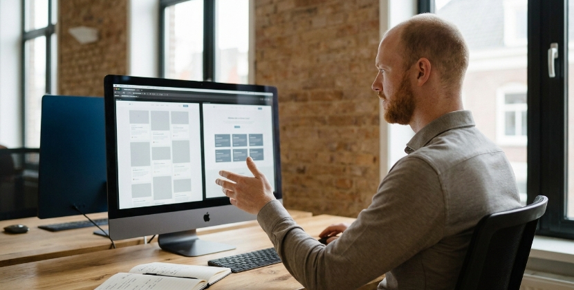 Content team member at a Zwolle desk comparing a traditional SEO layout with an AEO-structured layout