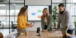 Three team members in a meeting reviewing app screens, API-first architecture