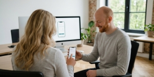 Ontwerper test een klikbaar app-prototype op een iPhone met een collega.