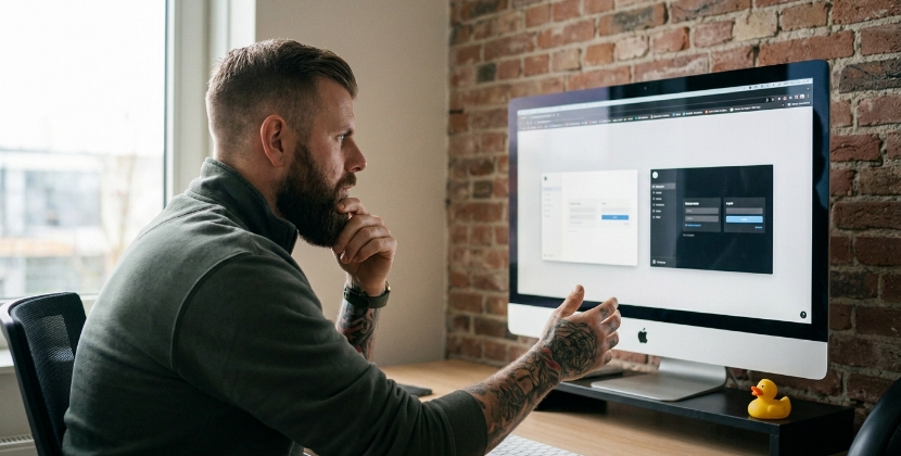 Productmanager aan een bureau in een Zwols kantoor die twee versies van een SaaS website juridische checklist vergelijkt op twee schermen, geconcentreerde uitdrukking, zacht daglicht