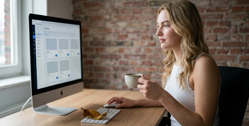 Ontwikkelaar alleen aan een bureau in een Zwols kantoor die een SaaS website post-lancering monitoring overzicht bekijkt op een groot scherm, koffiekopje erbij, zacht ochtendlicht