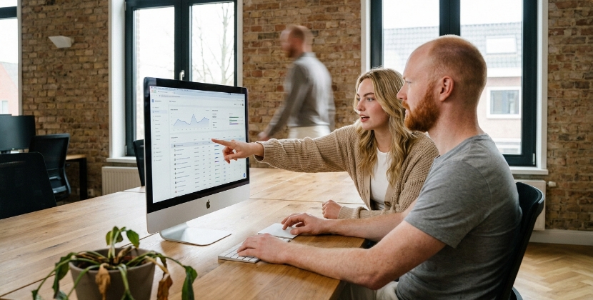 Ontwikkelaar en productmanager aan een houten bureau in een Zwols kantoor die een SaaS website lanceerchecklist bekijken op een groot scherm, zacht daglicht, candid opname