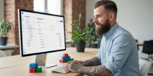 Team member at a content editor with coloured building blocks on the desk, custom-tailored CMS solutions