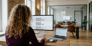 Studio Ubique-ontwerper werkt aan een user flow op een MacBook.