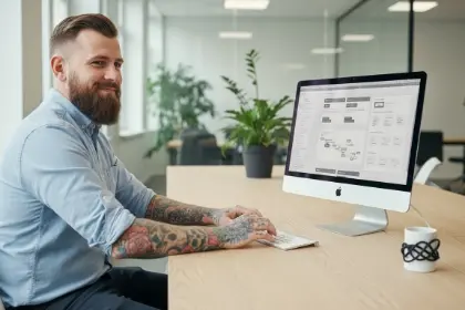 Studio Ubique team member reviewing a site structure on screen, custom eCommerce development