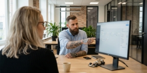 Studio Ubique developer explaining an API integration on screen to a colleague