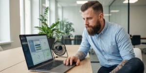 Studio Ubique developer checking software performance metrics on a laptop