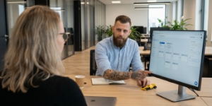 Two Studio Ubique colleagues discussing software architecture choices across a desk
