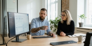 Two Studio Ubique colleagues reviewing security and compliance settings on a monitor