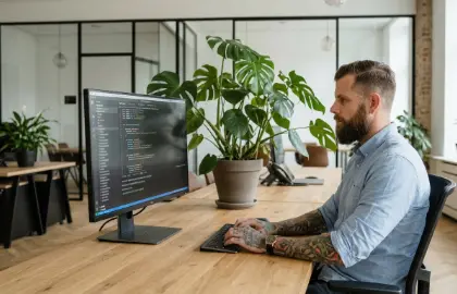 Studio Ubique developer writing code at a large monitor, working on custom software development services