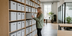 Shelves of labelled storage boxes in the office, structured database design and management